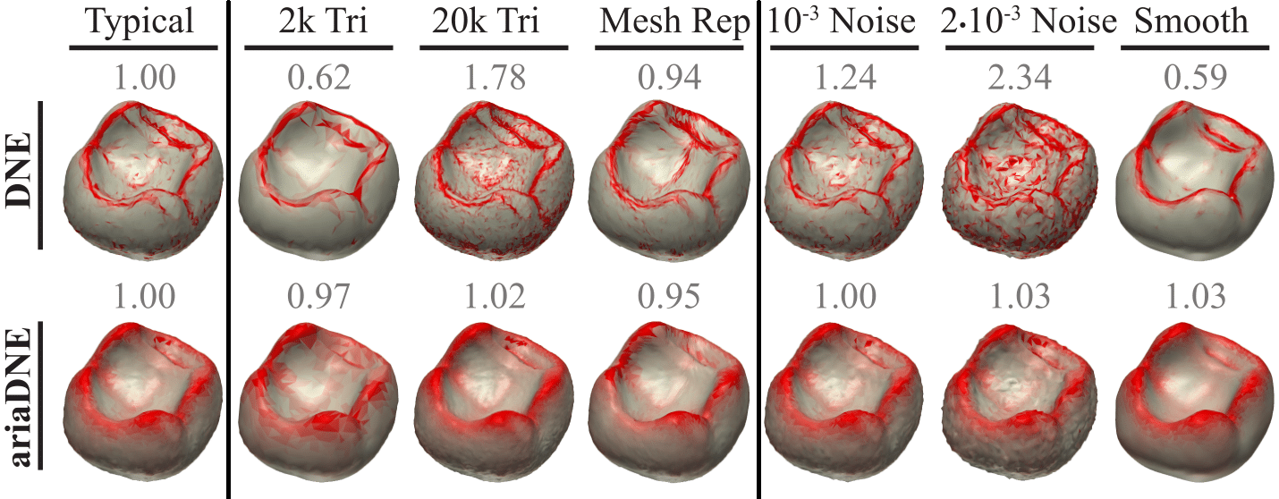 Comparing effects of triangle count, mesh representation, noise, and
smoothing on DNE (top) and ariaDNE (bottom). The distribution of curvature
as measured by each method overlaid in shades of red on a grey 3D rendering
of the surface is presented shan2019ariadne.